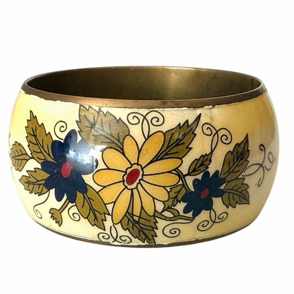 Vintage Hand Painted Floral Enamel Brass Wide Bangle Bracelet